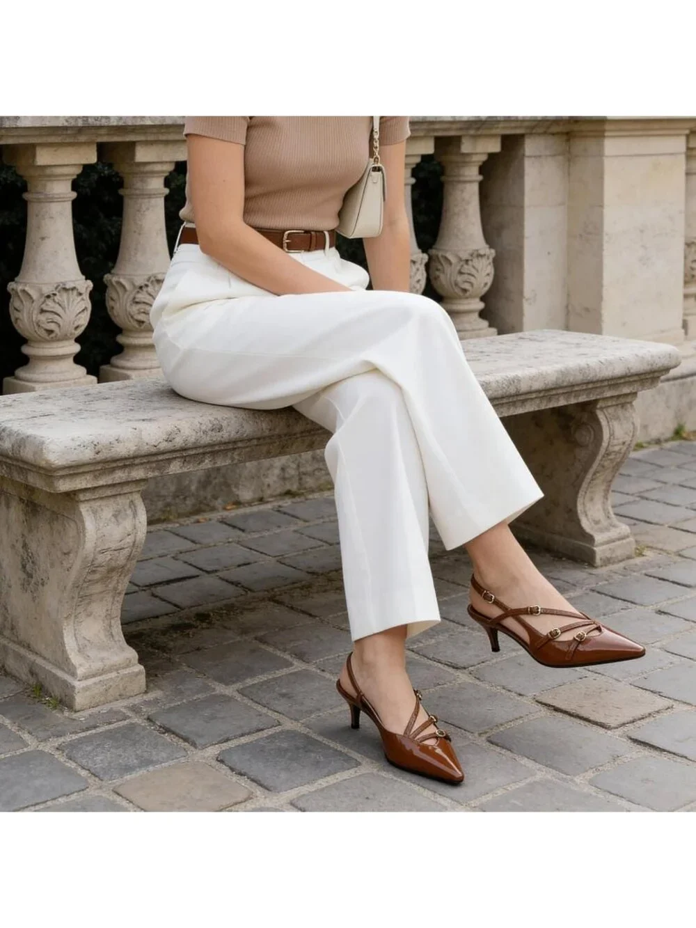 Women's Brown Slingback Kitten Pointed Toe Pump Low Stiletto Heels Shoes